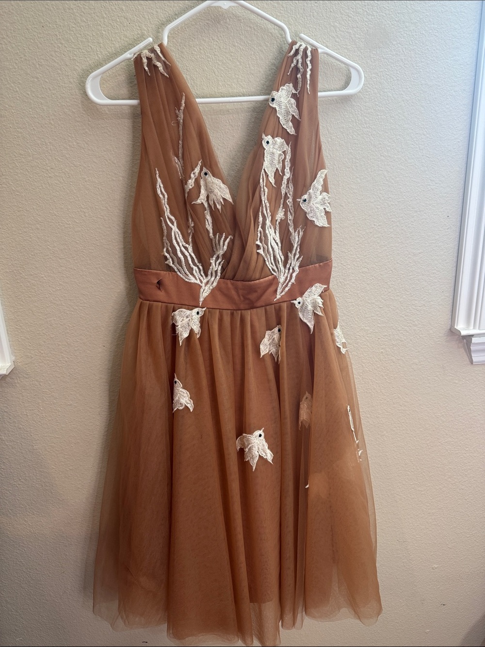 V-Neck Rust Brown Tulle Dress with White Floral Appliqué